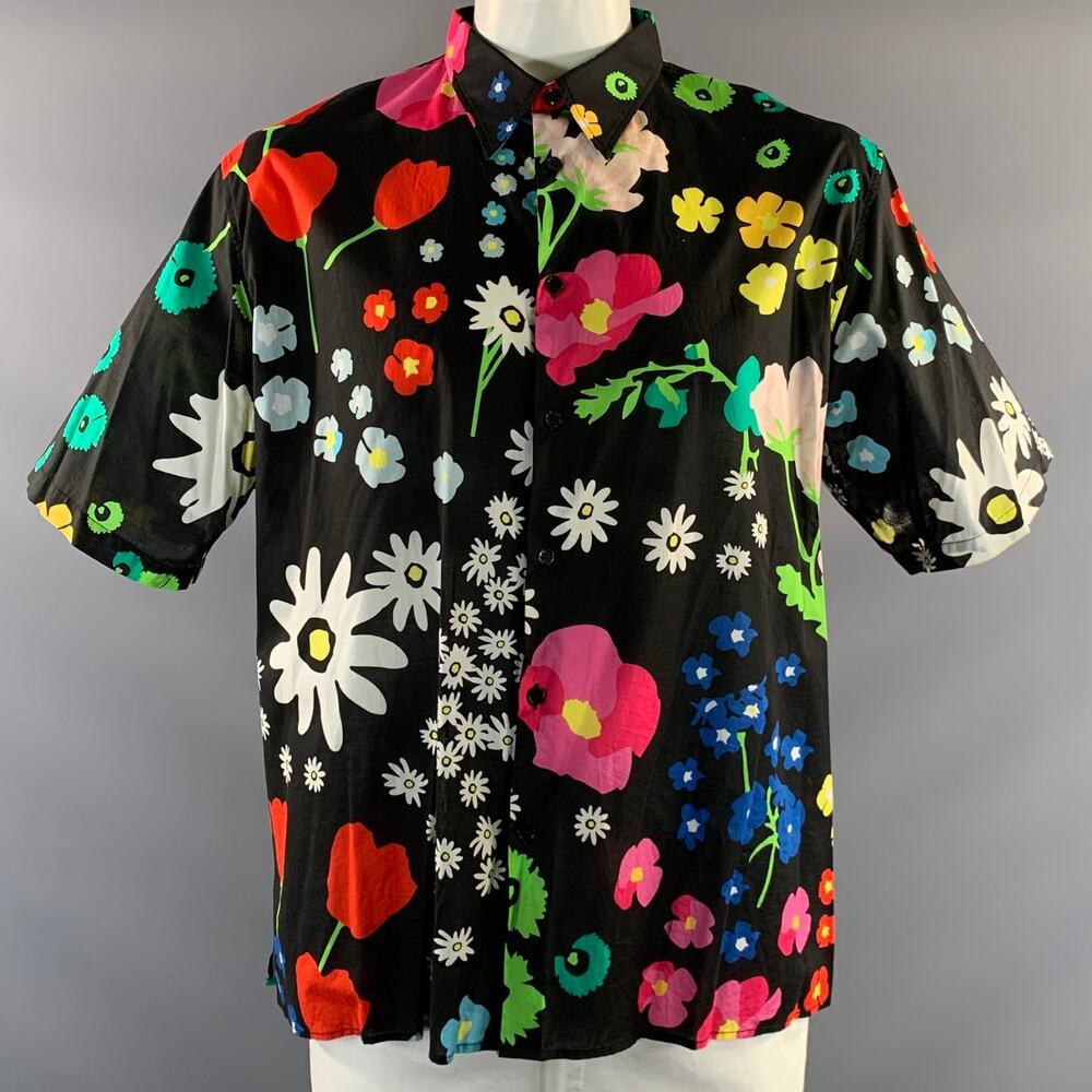THE KOOPLES Size L Black Multi Color Floral Cotton Button Up Short Sleeve Shirt